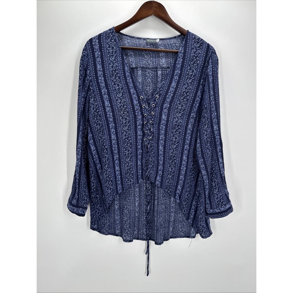 Earthbound Trading Co Womens Boho Tunic Top Navy Floral V Neck 3/4 Sleeve Rayon